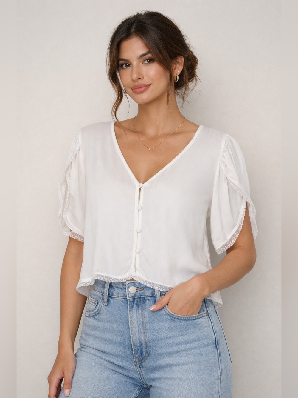 Velvet by Graham & Spencer Satin White Tulip Split Sleeve Lace Button Down Top